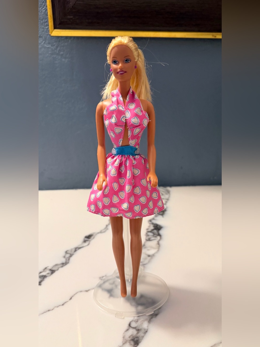VTG Mattel Barbie Doll “Great Weekend” In Pink Heart Halter Dress Blue Waistband